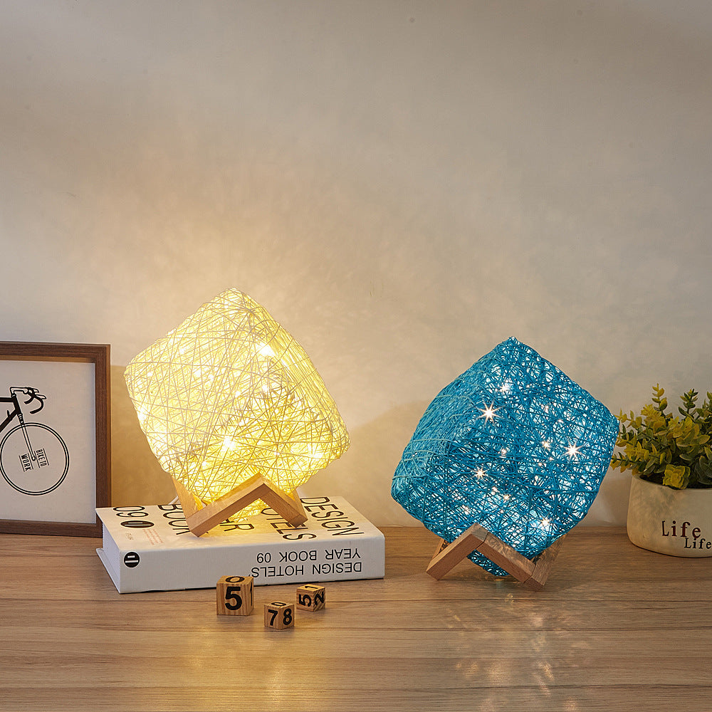 Hand-Knit Dimmable Square LED Desk Lamp – Wood & Rattan Twine Table Light for Bedroom & Home Decor