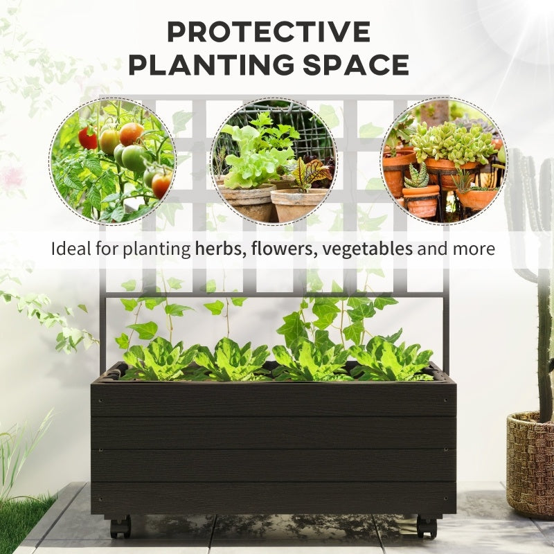 🌿 Raised Garden Bed with Trellis and Wheels — Wooden Outdoor Planter Box