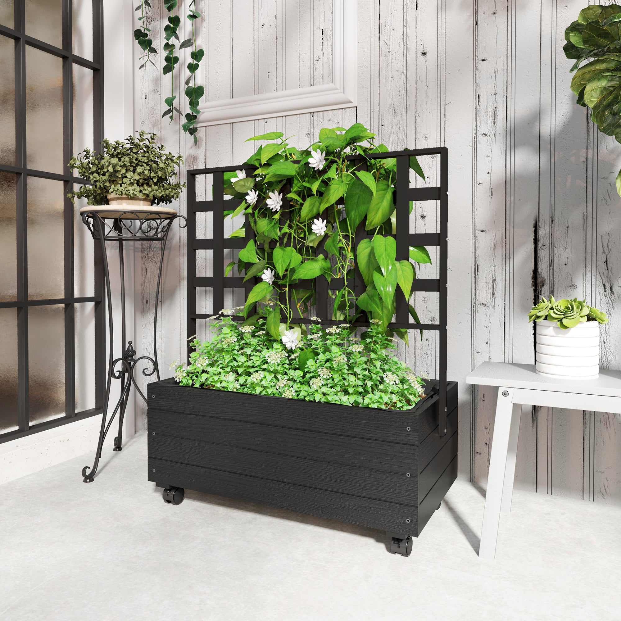 🌿 Raised Garden Bed with Trellis and Wheels — Wooden Outdoor Planter Box