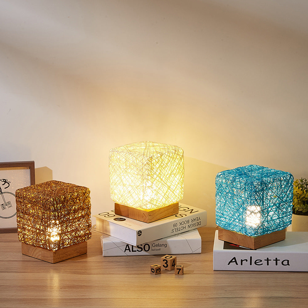 Hand-Knit Dimmable Square LED Desk Lamp – Wood & Rattan Twine Table Light for Bedroom & Home Decor