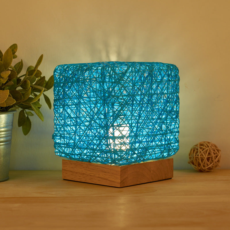 Hand-Knit Dimmable Square LED Desk Lamp – Wood & Rattan Twine Table Light for Bedroom & Home Decor