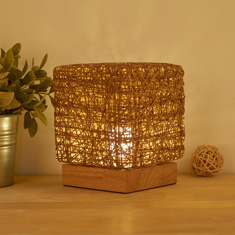Hand-Knit Dimmable Square LED Desk Lamp – Wood & Rattan Twine Table Light for Bedroom & Home Decor
