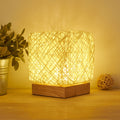 Hand-Knit Dimmable Square LED Desk Lamp – Wood & Rattan Twine Table Light for Bedroom & Home Decor